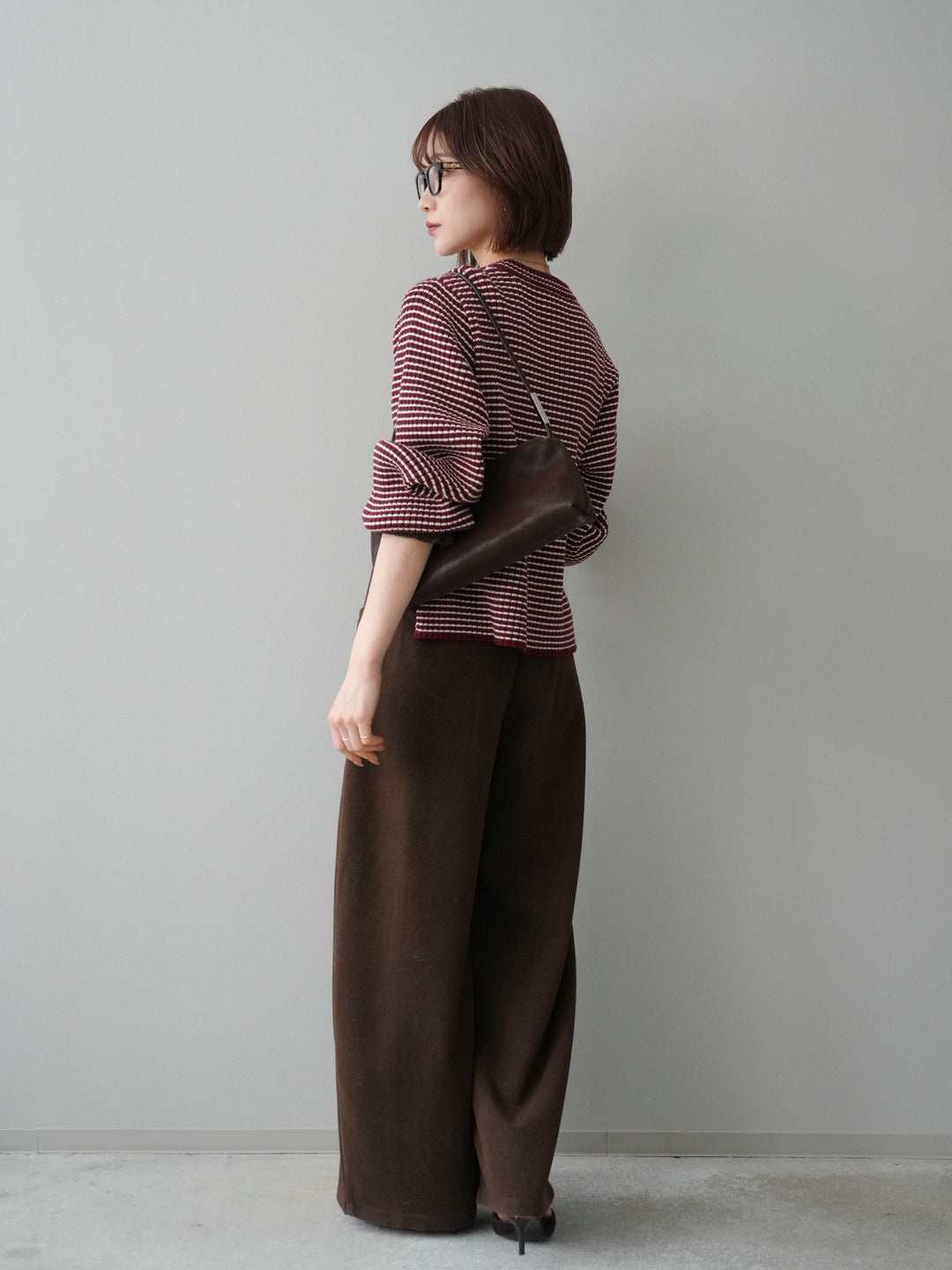 [SET]ラメ異素材ボーダーリブニットプルオーバー+ベルト付起毛コクーンパンツ(2set)