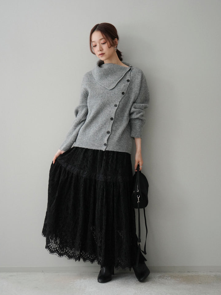 [SET]ハイネックデザインボタンニットカーディガン+起毛レースティアードスカート(2set)