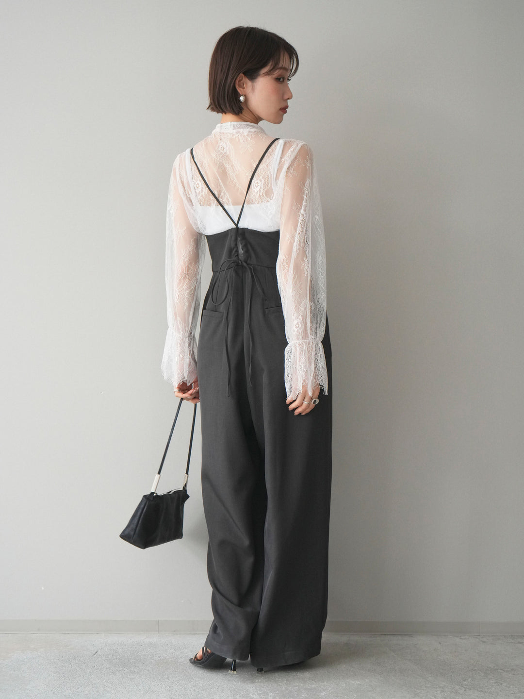 [SET]バックデザインサロペット+リバーレースボウタイトップス(2set)