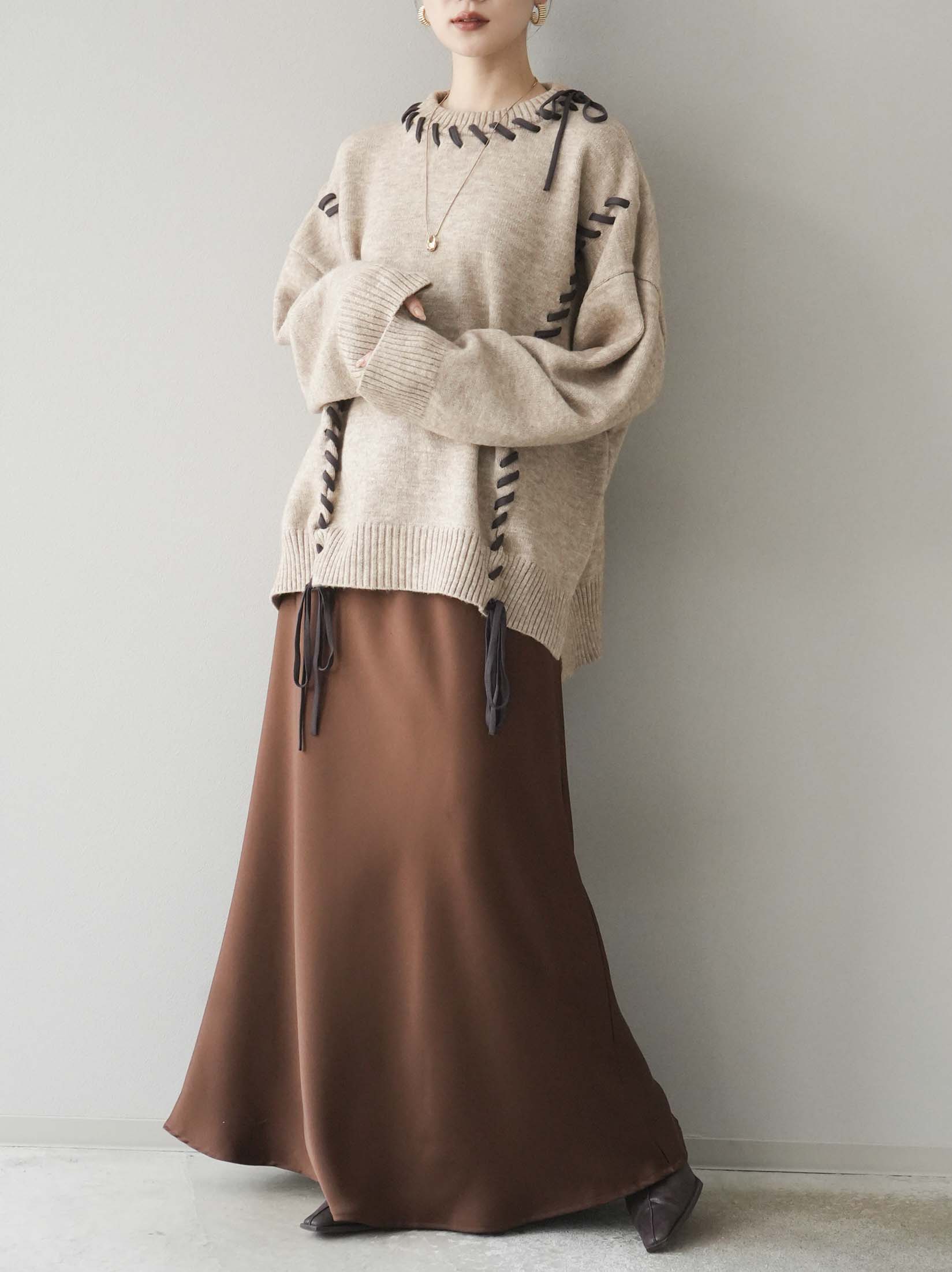 予約]ハンドステッチ配色オーバーニットプルオーバー/ベージュ – Lumier
