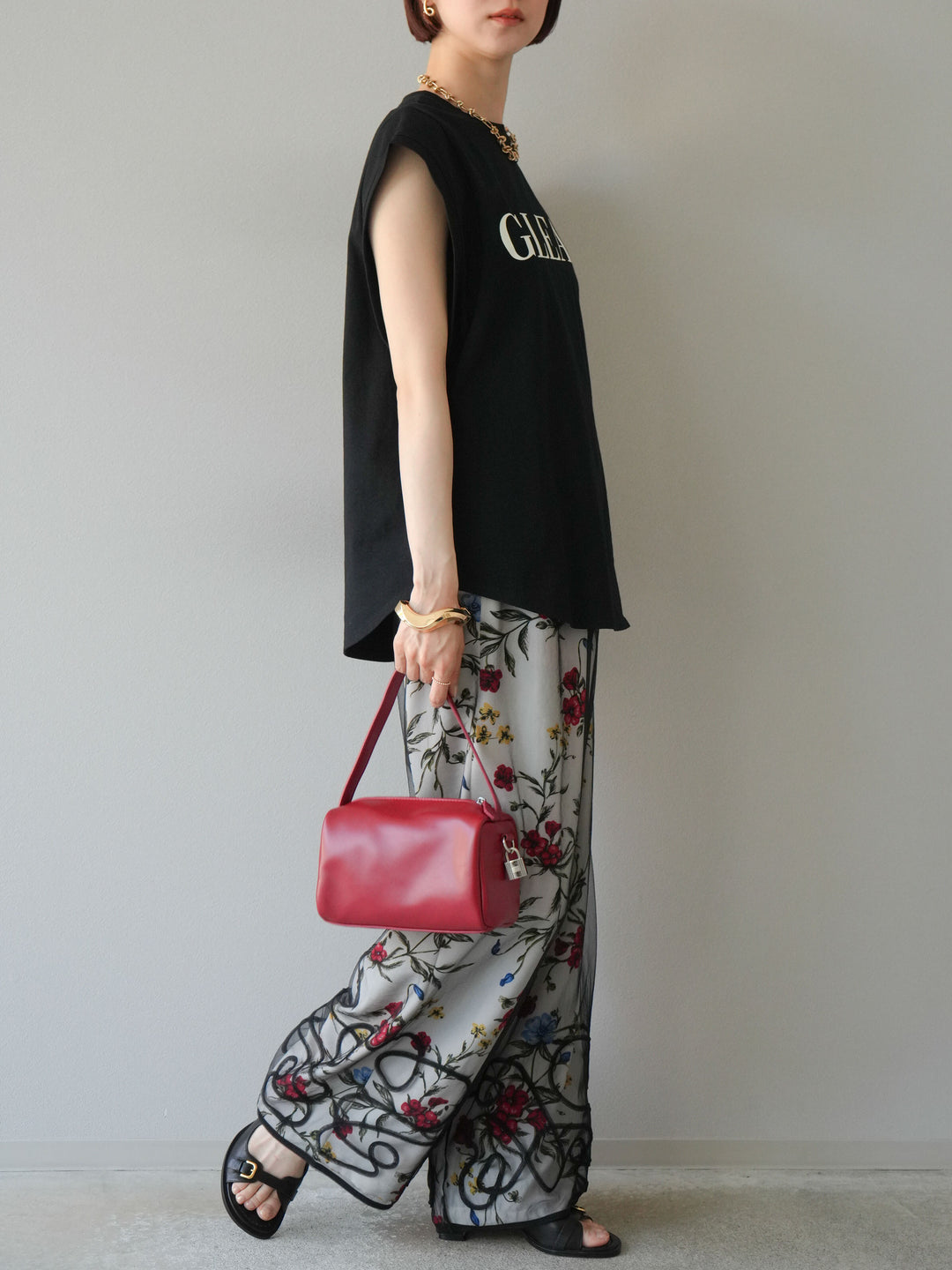 【預購】植物圖案休閒褲/米白色