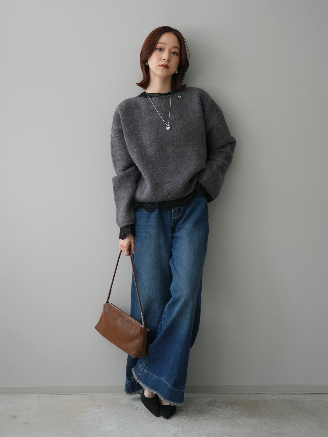 [予約]アンゴラタッチボートネッククロップドプルオーバー/charcoal