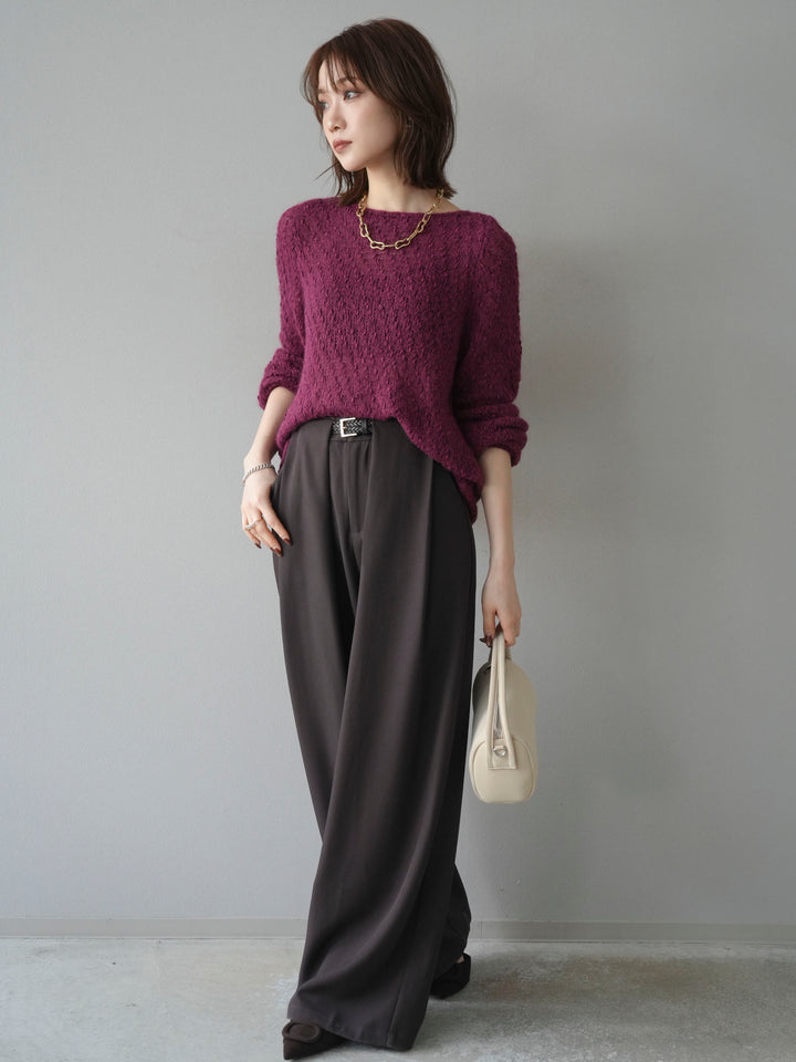 【着回しセット】[SET]求心柄クロップドニットカーディガン+異素材ミックスヤーンニットプルオーバー+ベルトループデザインワイドパンツ(3set)