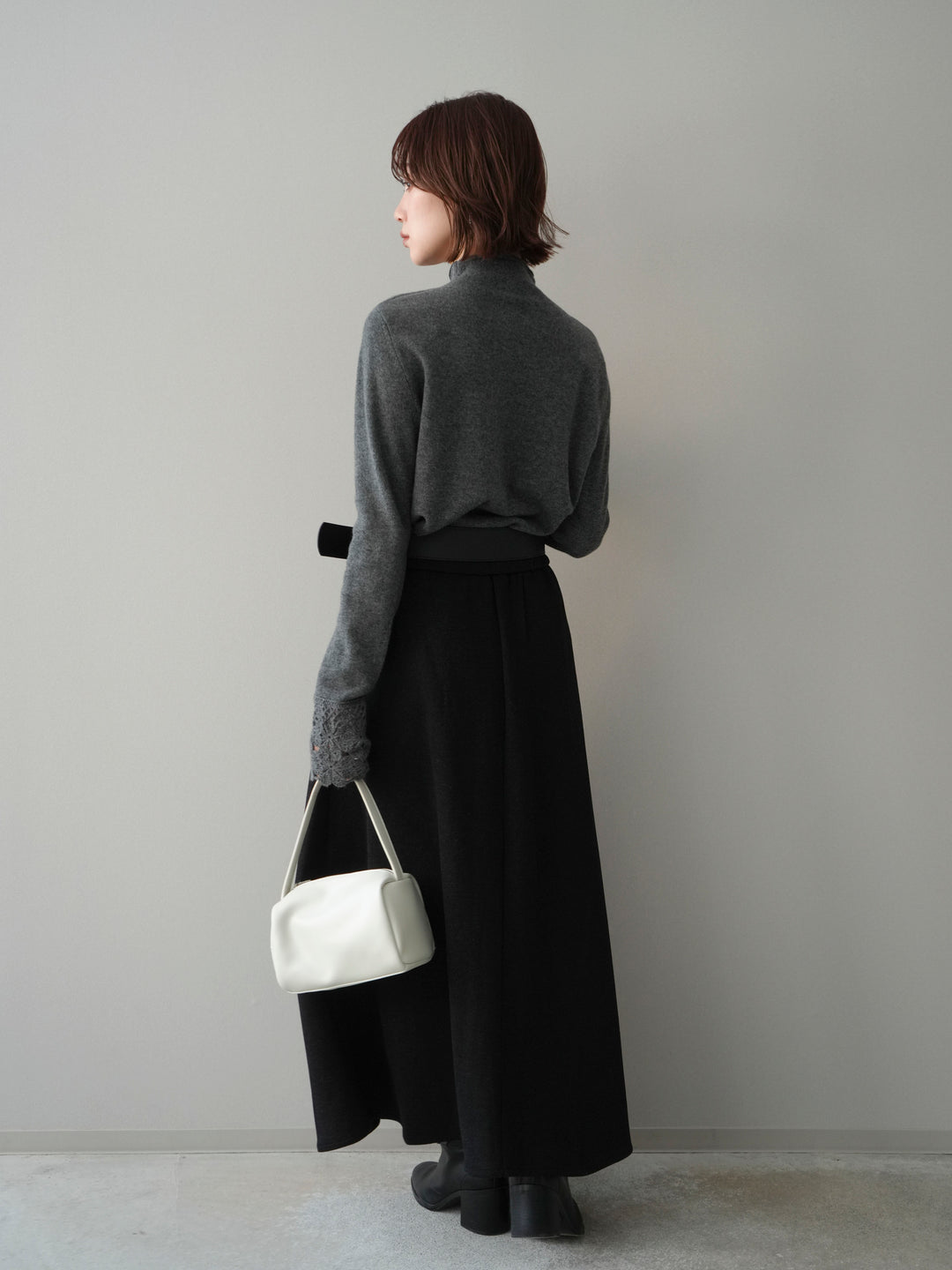 [SET]袖スカラップレースフロントボタンウールニットトップス+ベルト付きベルトループスカート(2set)