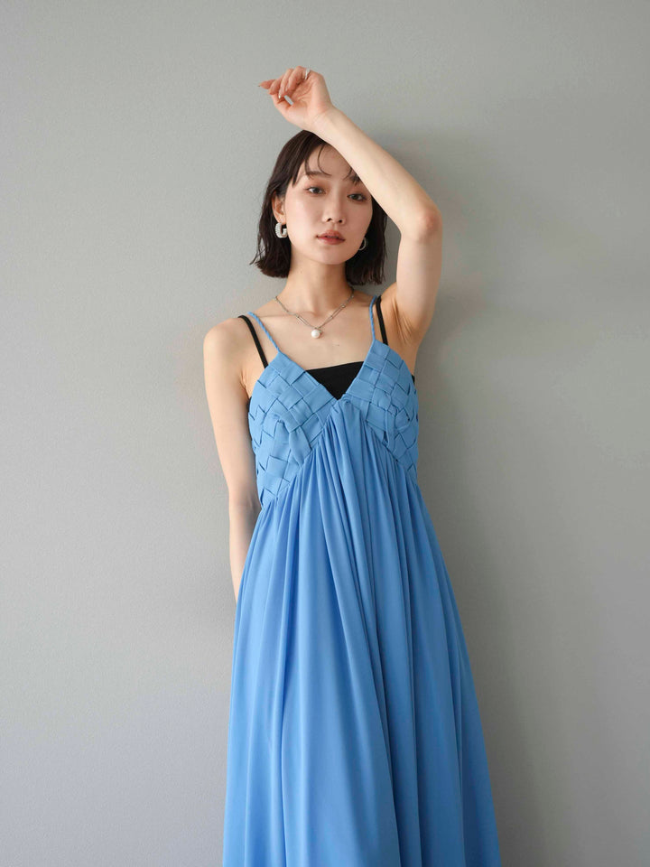 [予約]編み込みデザインシフォンワンピース/ブルー