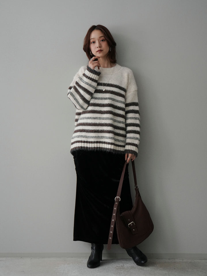 [SET]ステッチボーダーニットプルオーバー+ギャザーベロアスカート(2set)