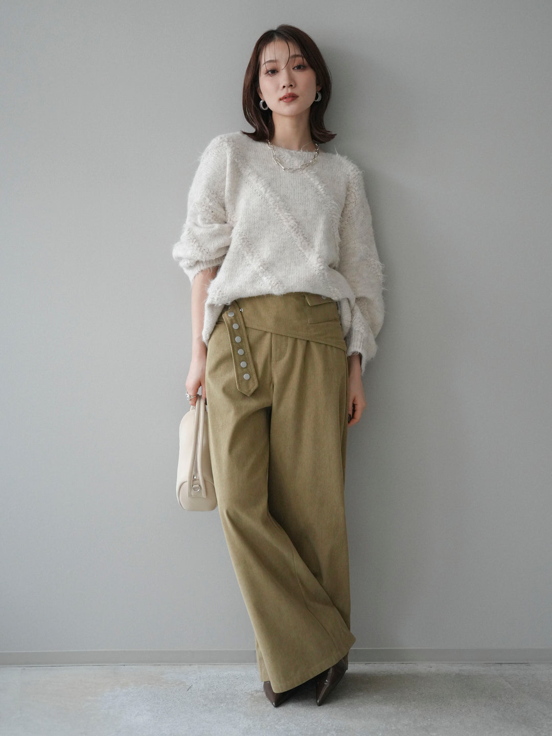 [予約]ブークレラインデザインニットプルオーバー/ivory