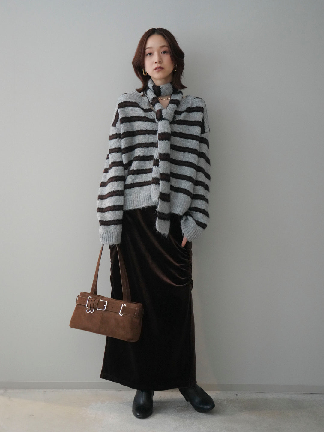 [予約]ボウタイ付きボーダーニットプルオーバー/gray