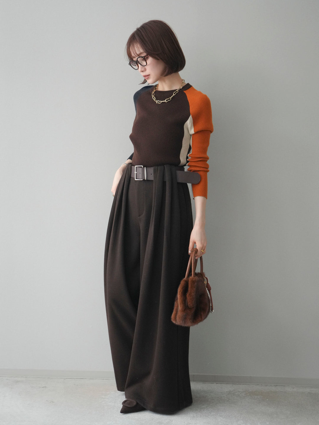 [SET]バイカラーラグランニットトップス+ベルトデザインループウールワイドパンツ(ベルト付)(2set)