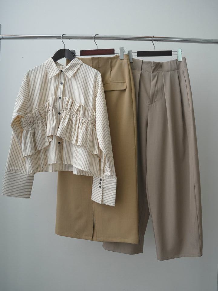 【着回しセット】ストライプフリルシャツ+クレープデシンフラップ付きストレートスカート+ツイルタックコクーンパンツ(3set)
