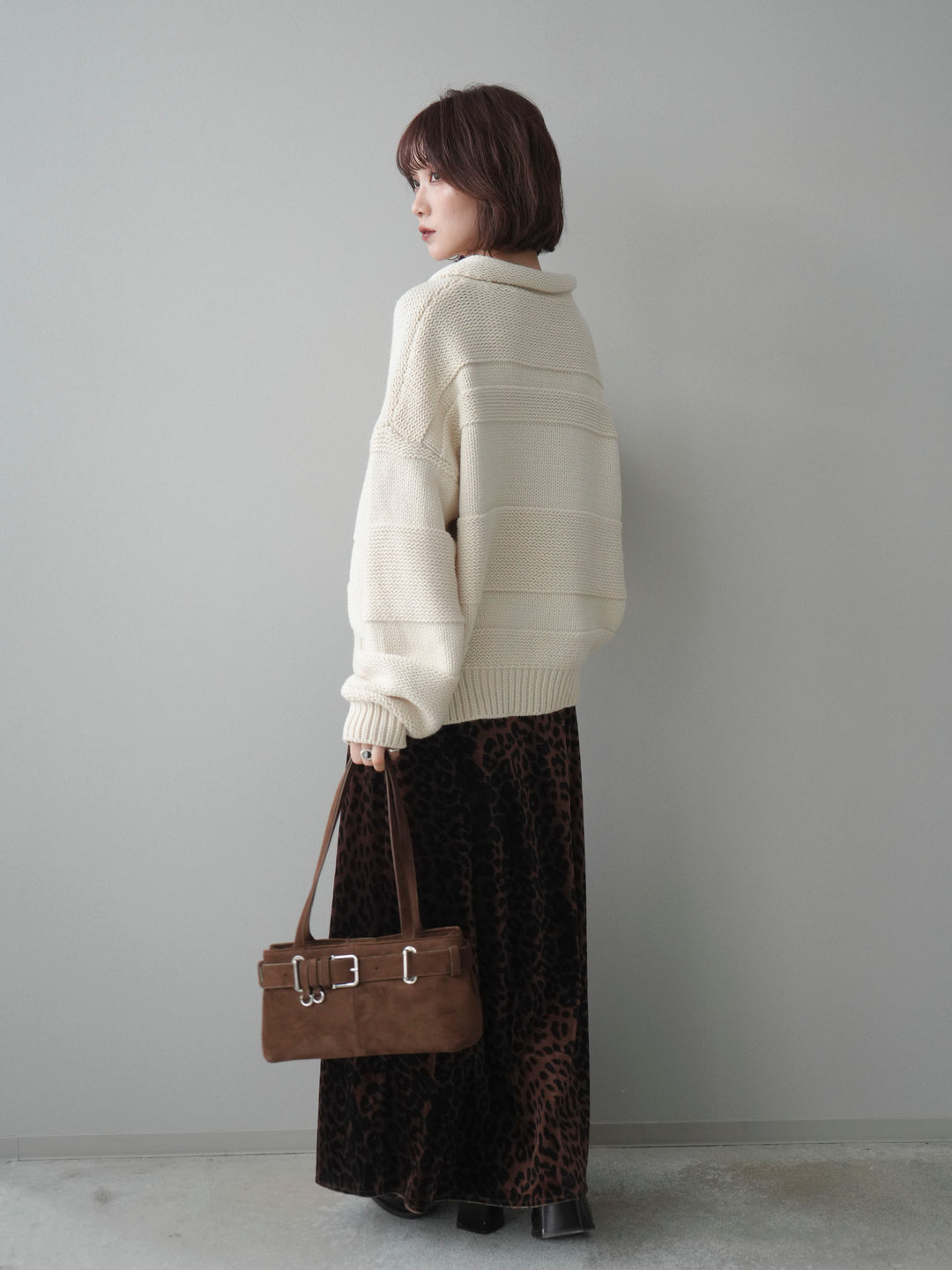 [SET]襟付きボーダー編みニットプルオーバー+レオパードベロアナロースカート(2set)