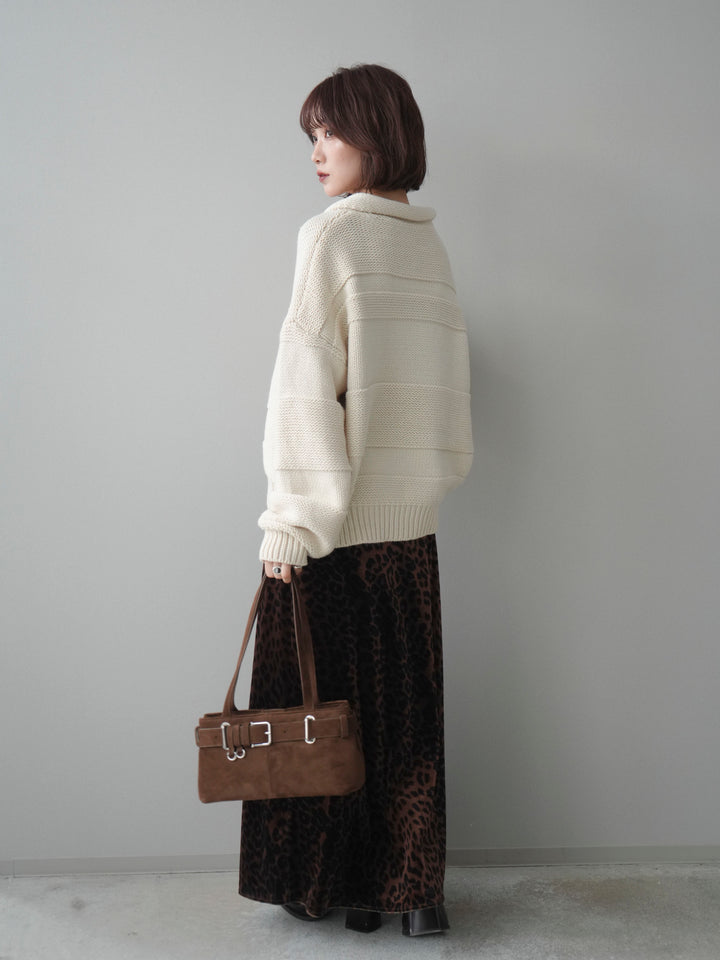 [SET]襟付きボーダー編みニットプルオーバー+レオパードベロアナロースカート(2set)