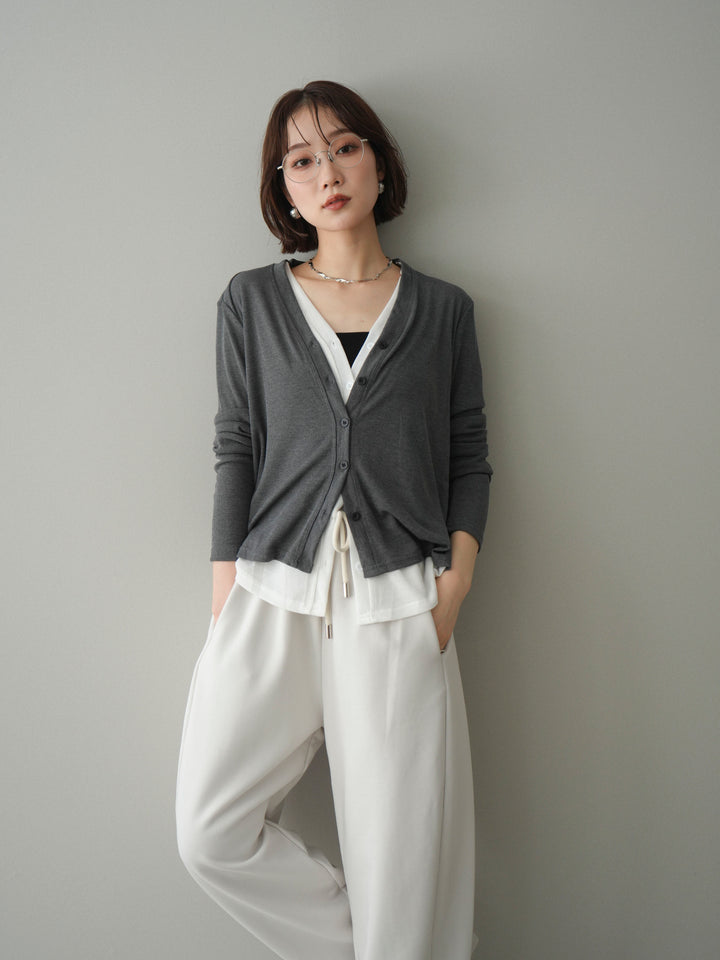 [予約]配色レイヤードカットリブカーディガン/gray