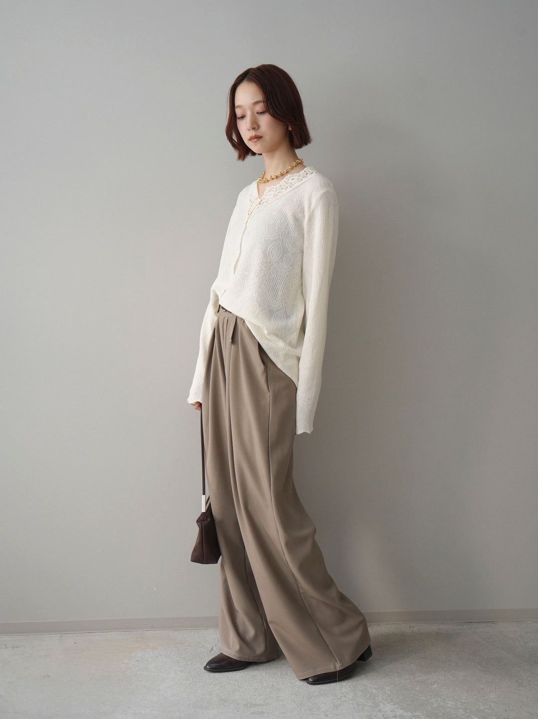 [SET]レースネックジャガードニットカーディガン+ベルト付キーホルダーモチーフワイドパンツ(2set)