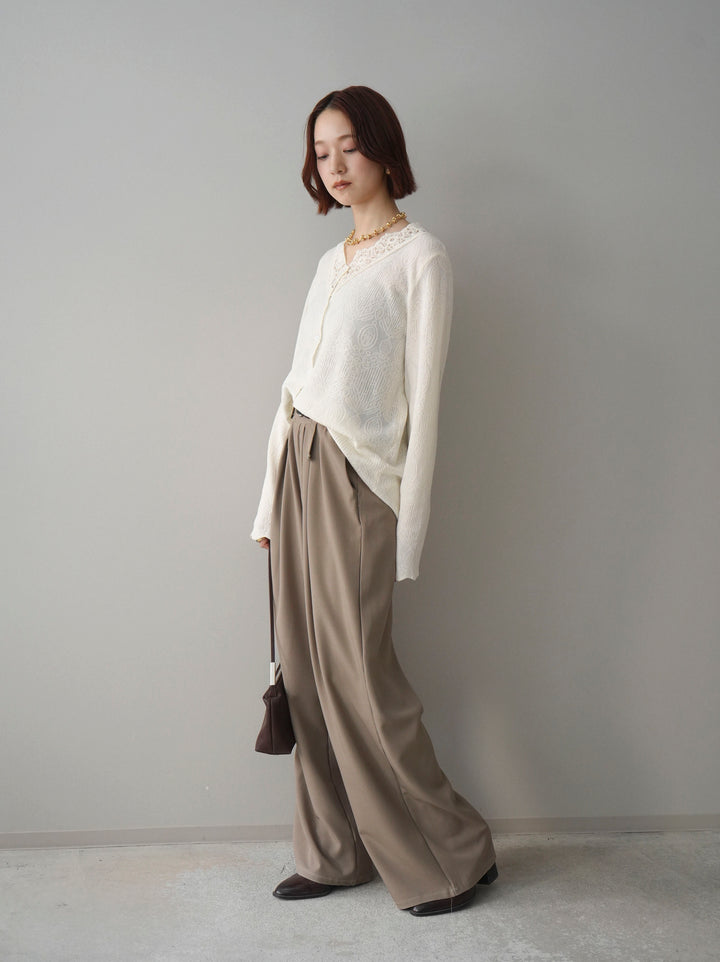 [SET]レースネックジャガードニットカーディガン+ベルト付キーホルダーモチーフワイドパンツ(2set)