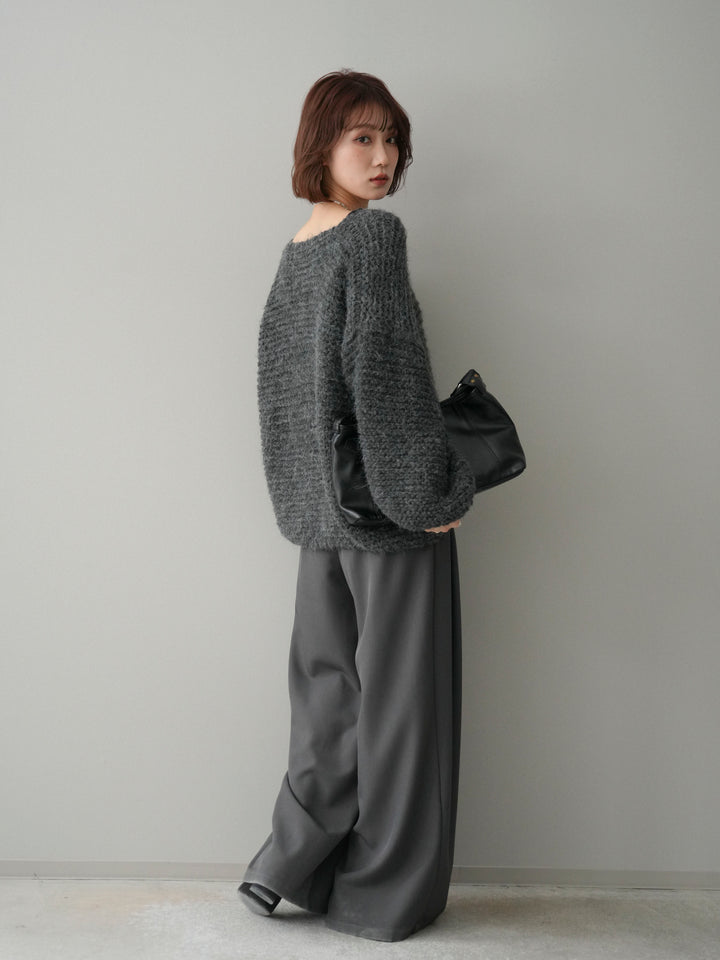 [SET]ワッフル編みシャギーニットプルオーバー+ベルトループデザインワイドパンツ(2set)