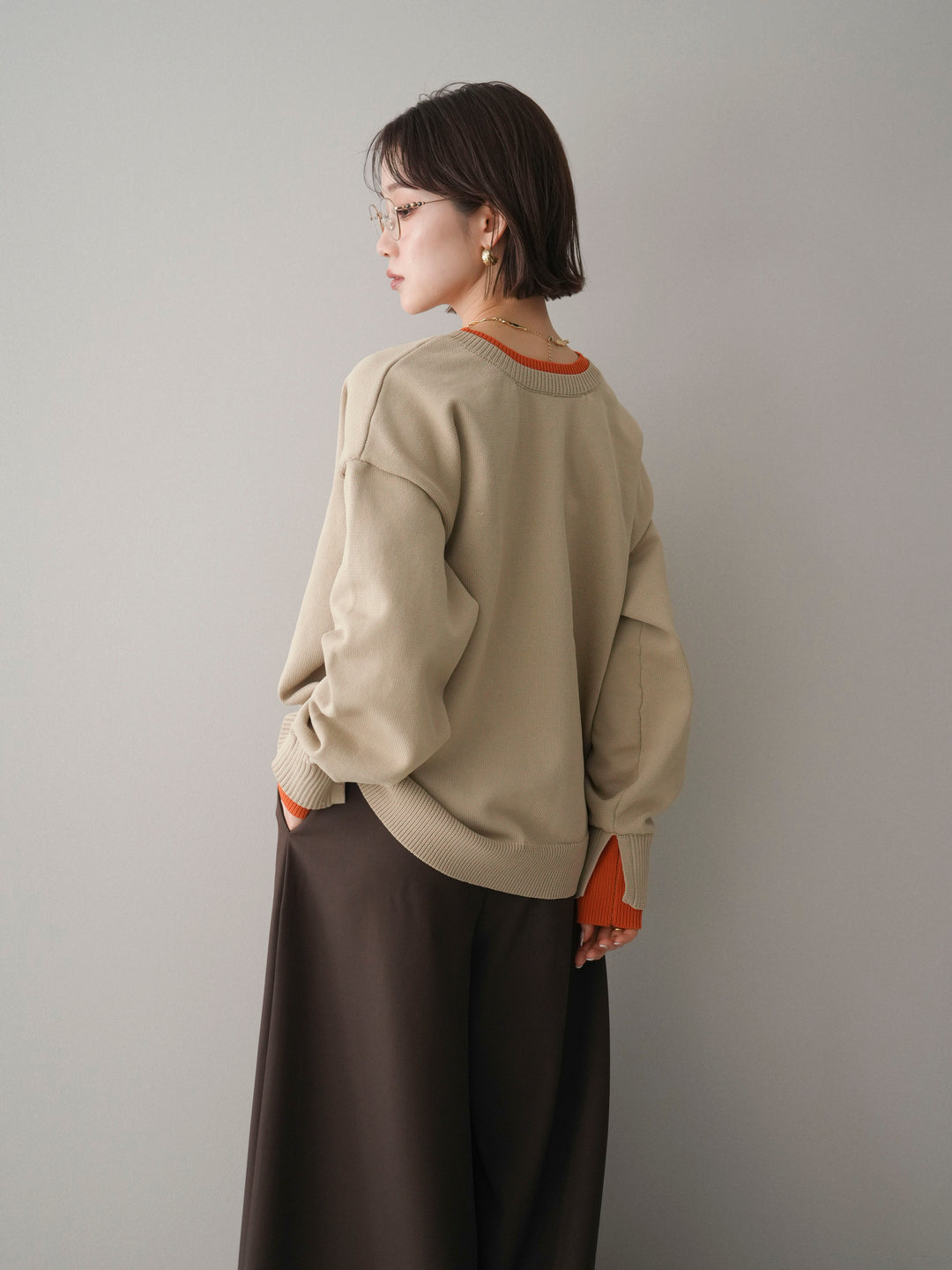 [予約]2WAYネック配色レイヤードニットプルオーバー/beige
