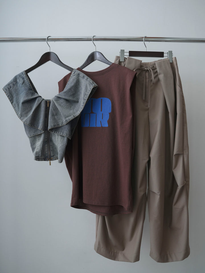 [SET]フロントジップフリルカラーデニムトップス+ショルダータックノースリーブオーバーTEE+ベルトループカーブタックワイドパンツ(3set)