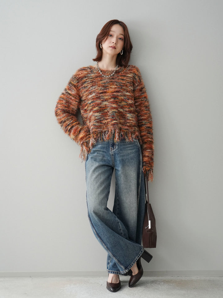 [SET]裾フリンジミックスヤーンシャギープルオーバー+サイド切替カーブデニムパンツ(2set)