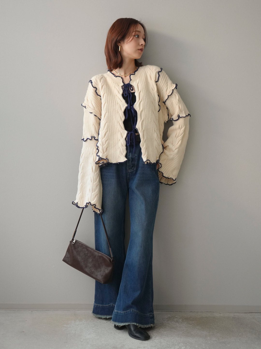 [SET]フロントリボン配色メローニットカーディガン+裏起毛裾フリンジワイドデニムパンツ(2set)