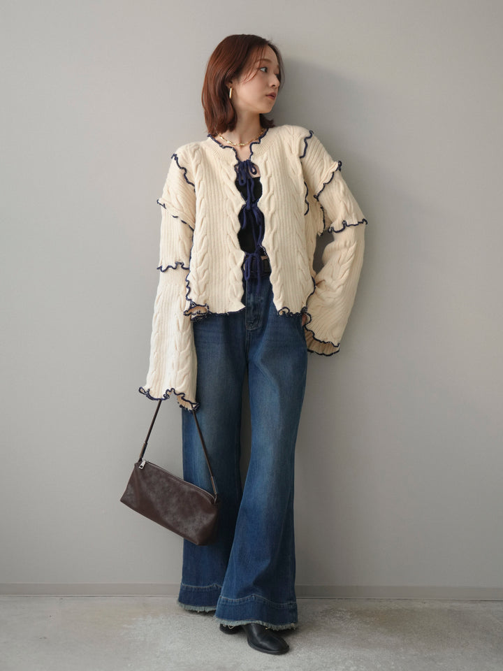 [SET]フロントリボン配色メローニットカーディガン+裏起毛裾フリンジワイドデニムパンツ(2set)