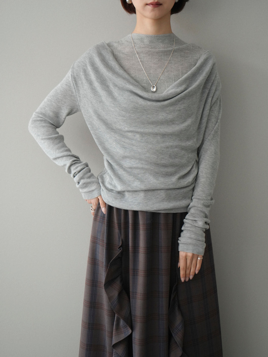 [予約]ボトルネックドレープレイヤードニットトップス/gray