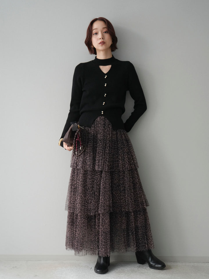 [予約]チョーカーデザインボタンリブニットトップス/black