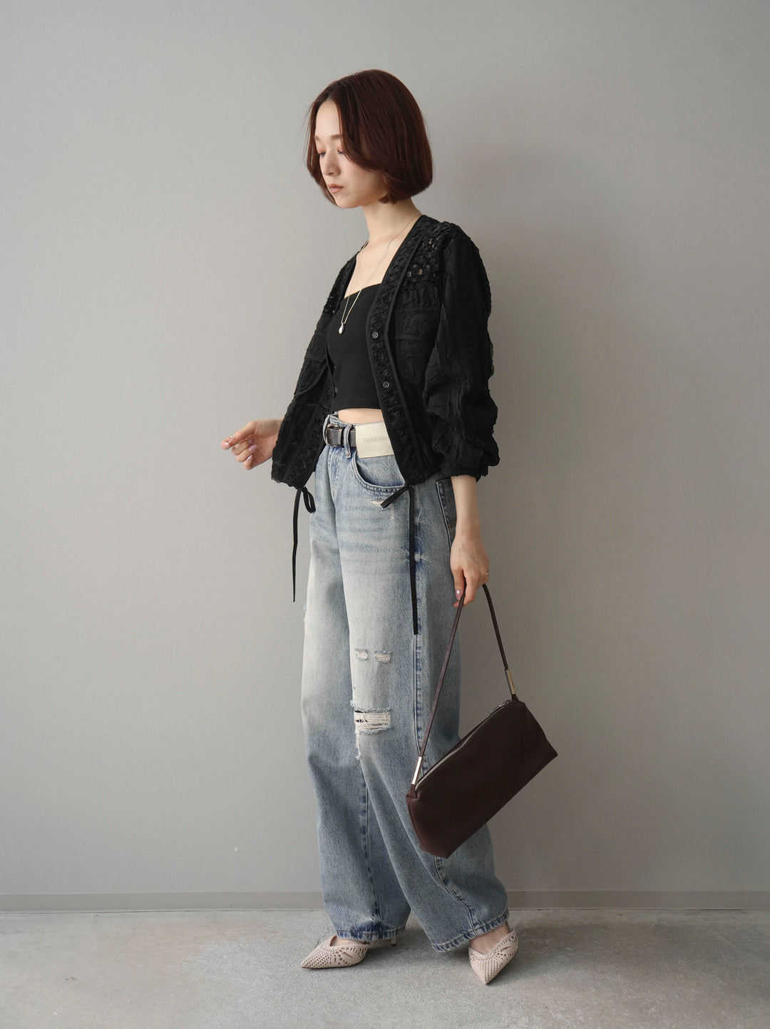 [SET]パッチワークシアーフリルブルゾン+ダメージデニムセミワイドパンツ(2set)