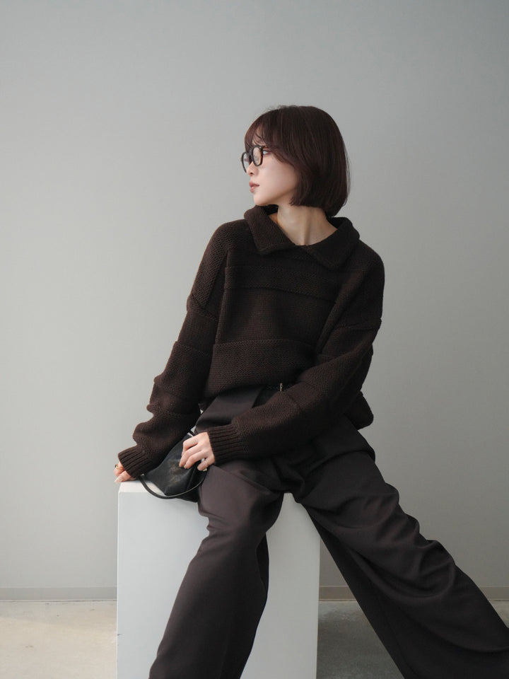 [予約]襟付きボーダー編みニットプルオーバー/brown