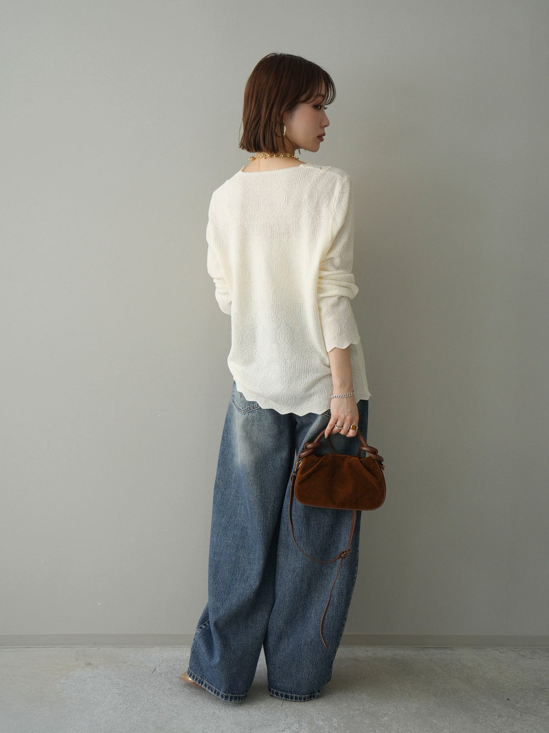 [SET]レースネックジャガードニットカーディガン+ダメージデニムセミワイドパンツ(2set)