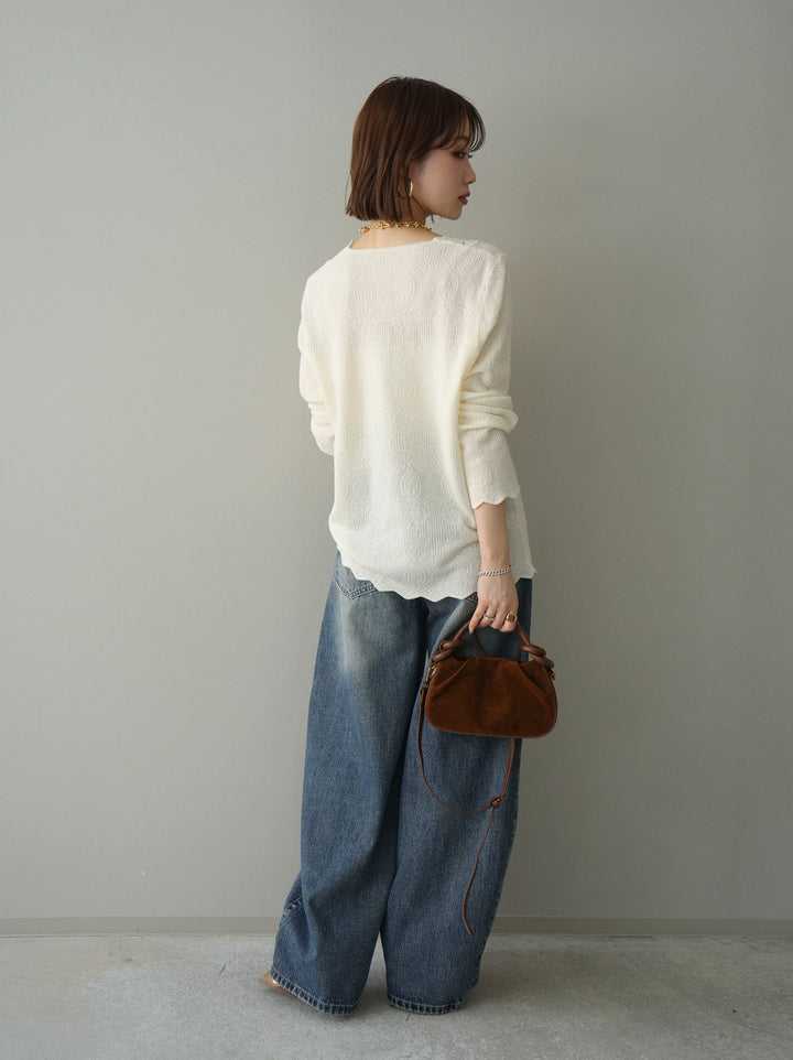 [SET]レースネックジャガードニットカーディガン+ダメージデニムセミワイドパンツ(2set)