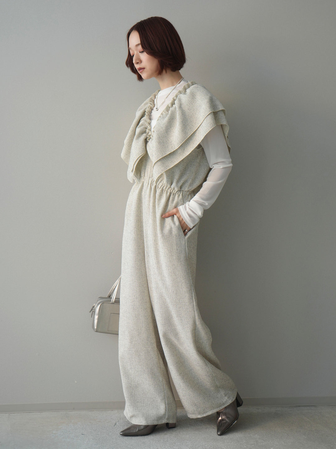 [SET]3WAYミックスツイードギャザーオールインワン+シアープチネックストレッチトップス(2set)