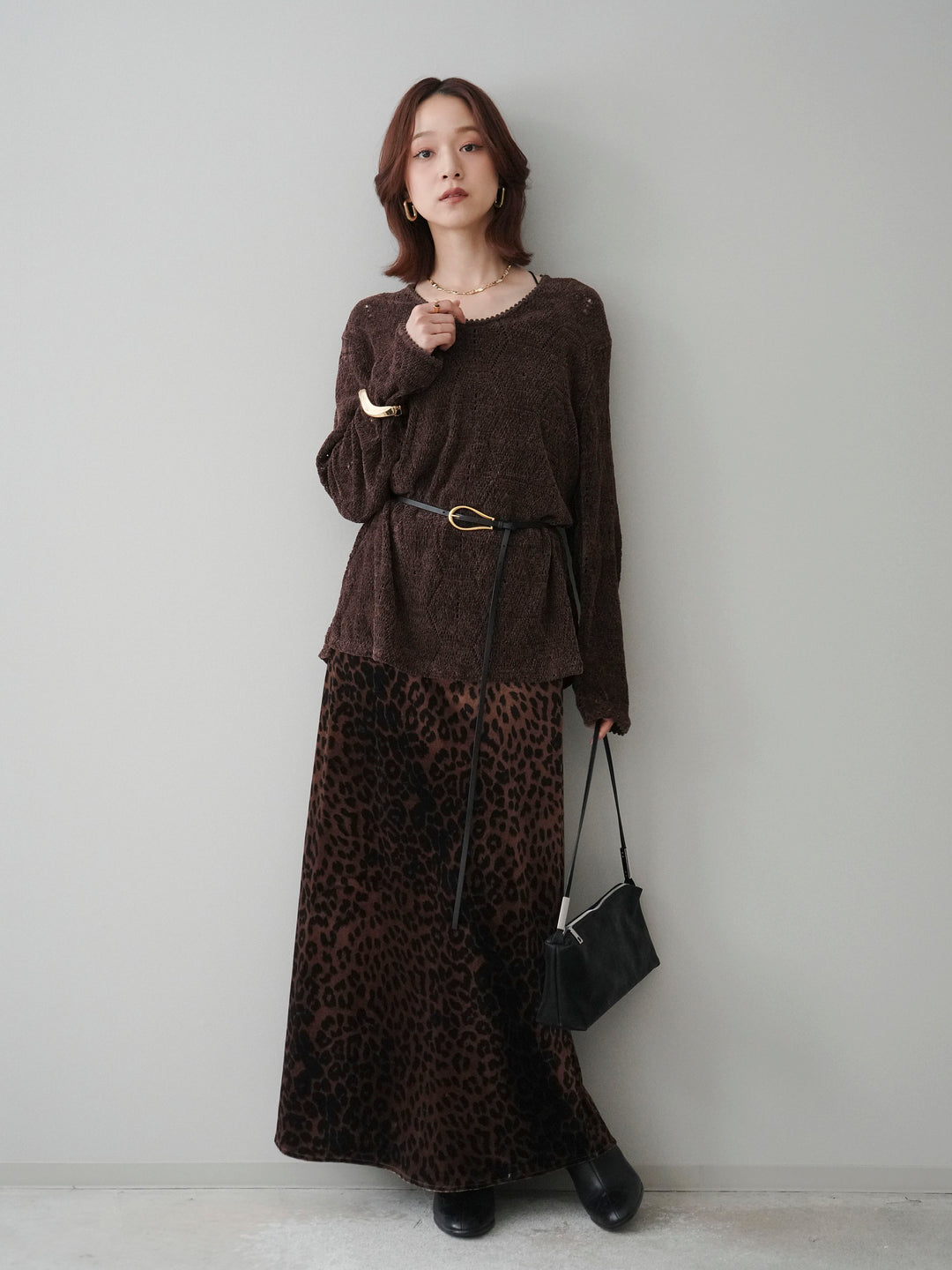 [SET]モール透かし編みニットトップス+レオパードベロアナロースカート(2set)