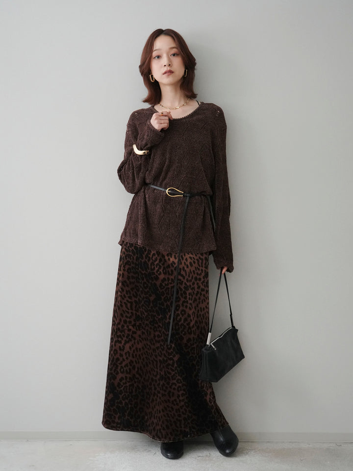 [SET]モール透かし編みニットトップス+レオパードベロアナロースカート(2set)