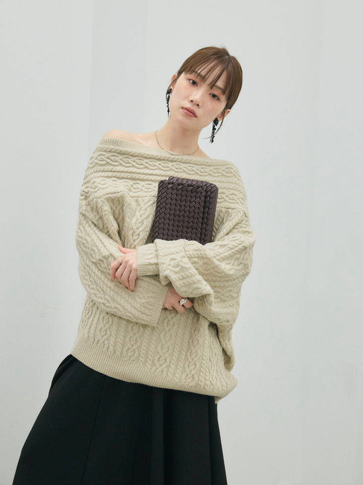 【Allure】[SET]ケーブルワンショルニットプルオーバー+ウールタッチフレアスカート(2set)