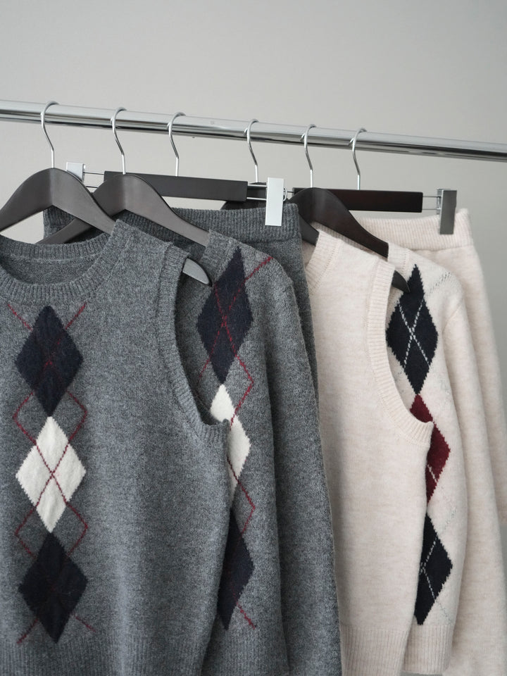 [SET]アーガイル柄3ピースSET UP+カシミヤダブルブレストロングコート(2set)