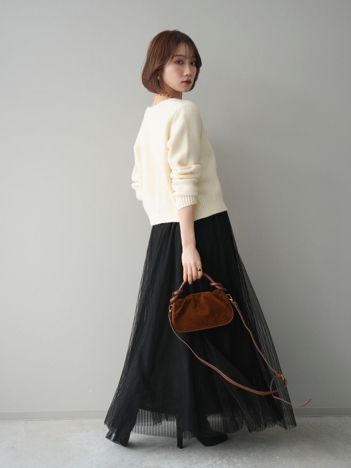 [SET]編みこみアンティークボタンニットカーディガン+チュールストライプボリュームスカート(2set)