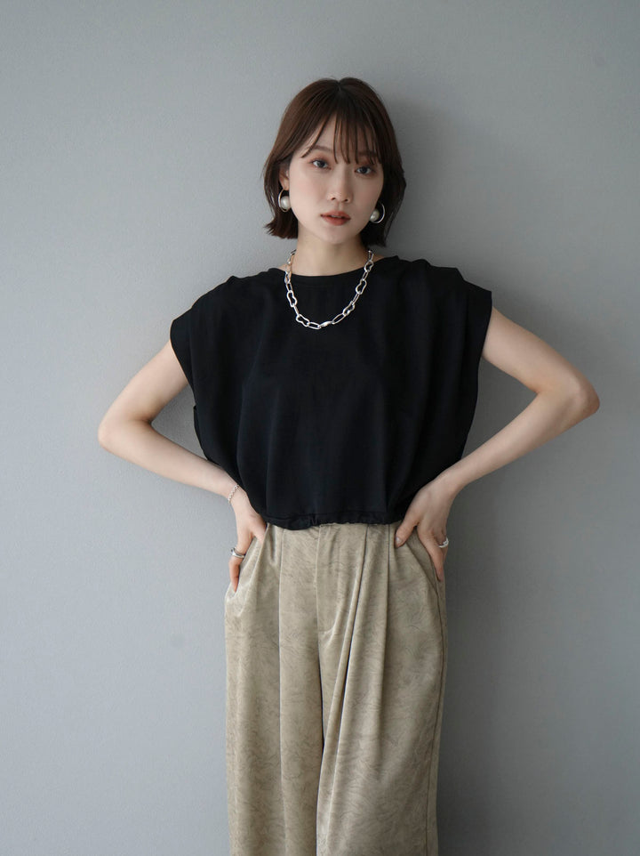 [Pre-order] Tuck shoulder hem drawstring ribbon top/Black