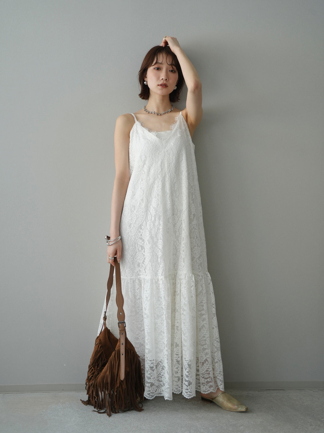 [SET]ギャザー切替レースキャミワンピース+選べるアクセセット(2set)