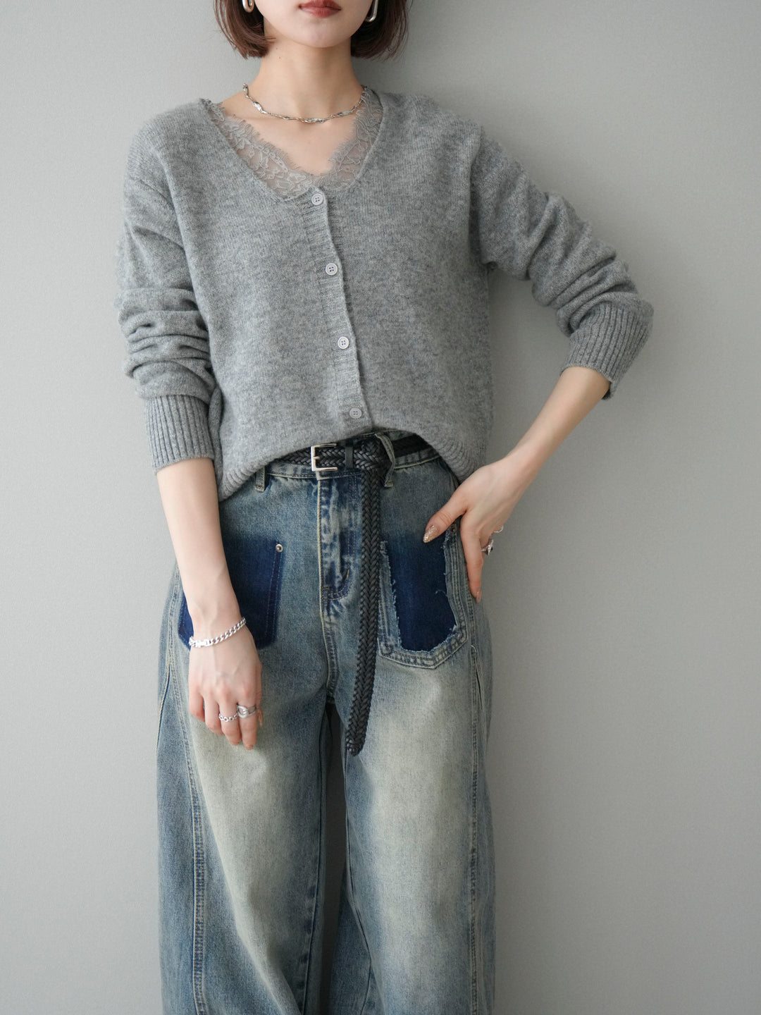 [SET]レースネックニットカーディガン+染めデザインポケットデニムパンツ(2set)