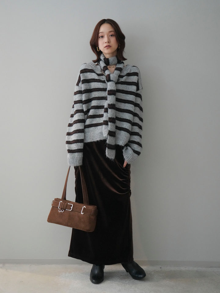 [SET]ボウタイ付きボーダーニットプルオーバー+ギャザーベロアスカート(2set)