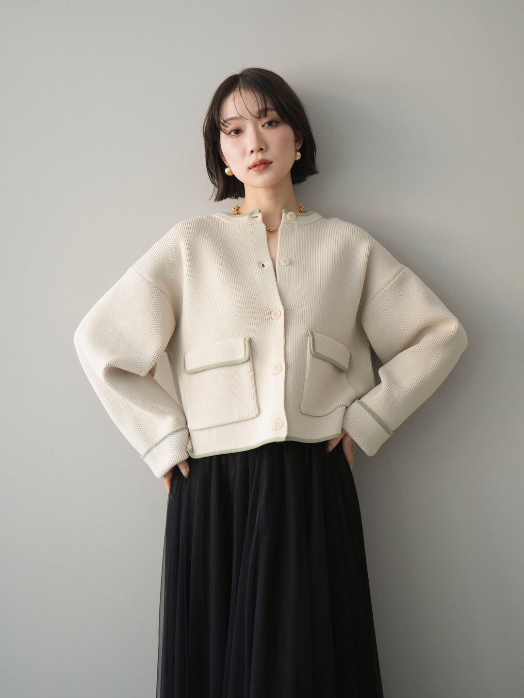 [SET]ポリエステル配色ニットカーディガン+ポリエステル配色ニットカーディガン(2set)