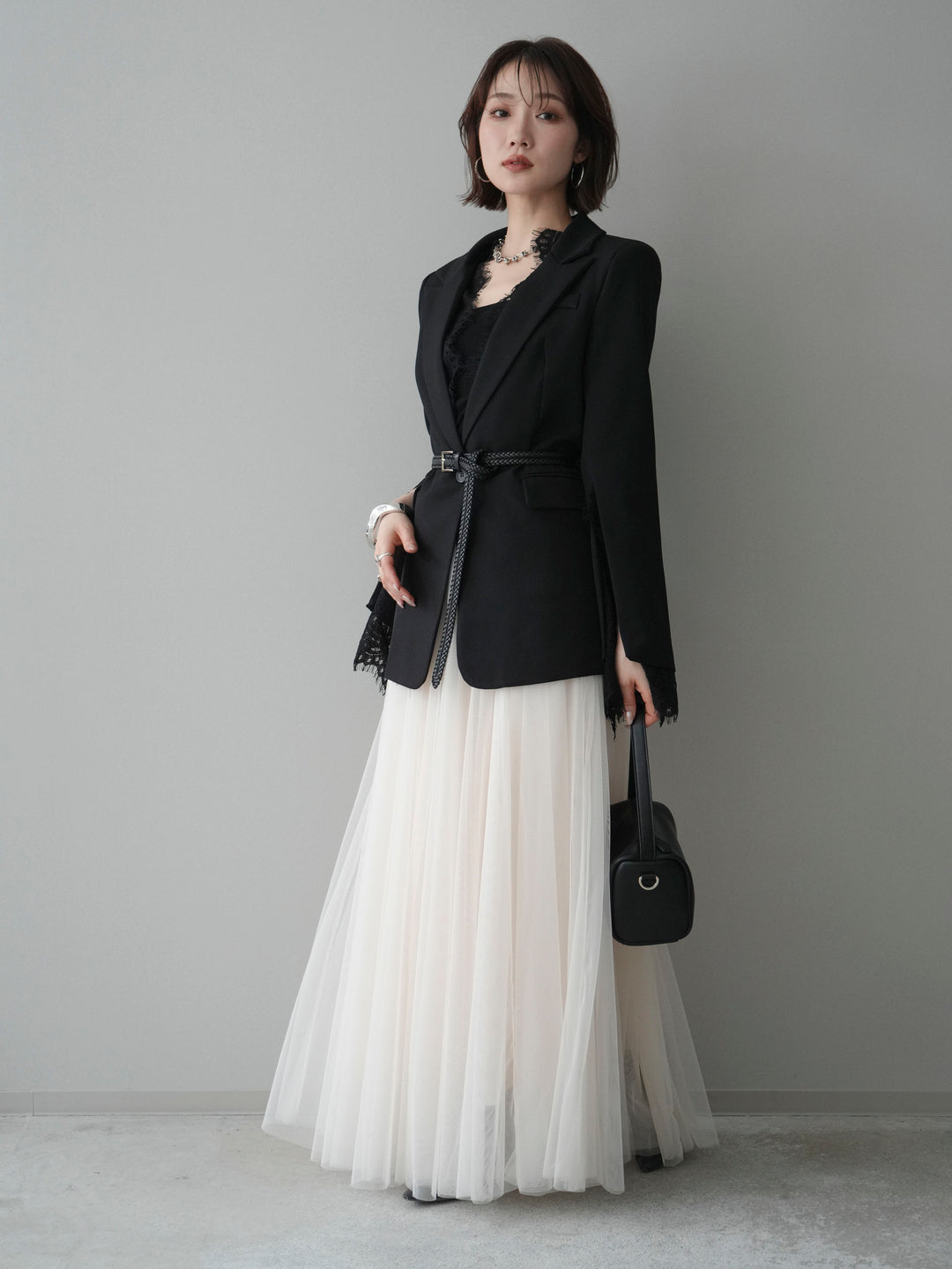 [SET]レースレイヤードスリットジャケット+チュールボリュームスカート(2set)
