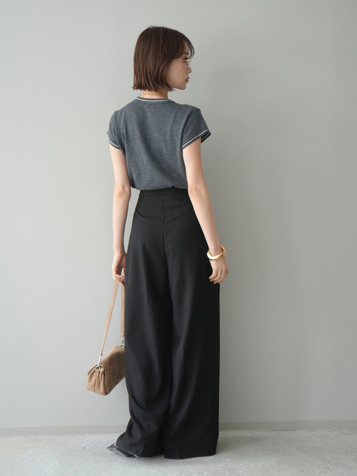 [SET]配色ハーフスリーブニットトップス+メニータックワイドパンツ(2set)