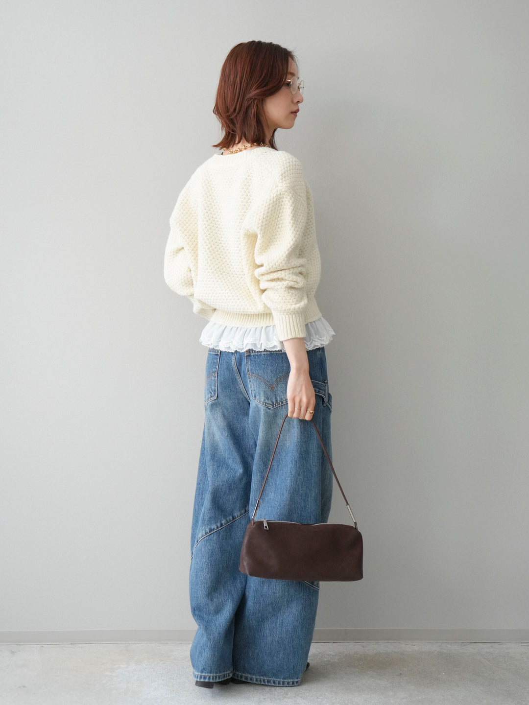 [SET]裾レースケーブルニットカーディガン+ペインターカーブデニムパンツ(2set)