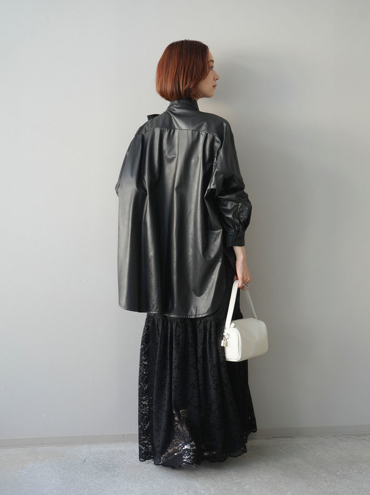 [SET]ギャザー切替レースキャミワンピース+フェイクレザーボウタイブラウス(2set)