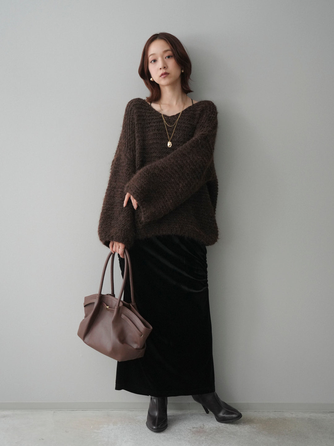 [SET]ワッフル編みシャギーニットプルオーバー+ギャザーベロアスカート(2set)