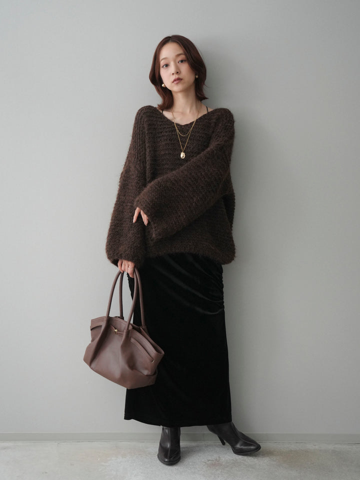 [SET]ワッフル編みシャギーニットプルオーバー+ギャザーベロアスカート(2set)