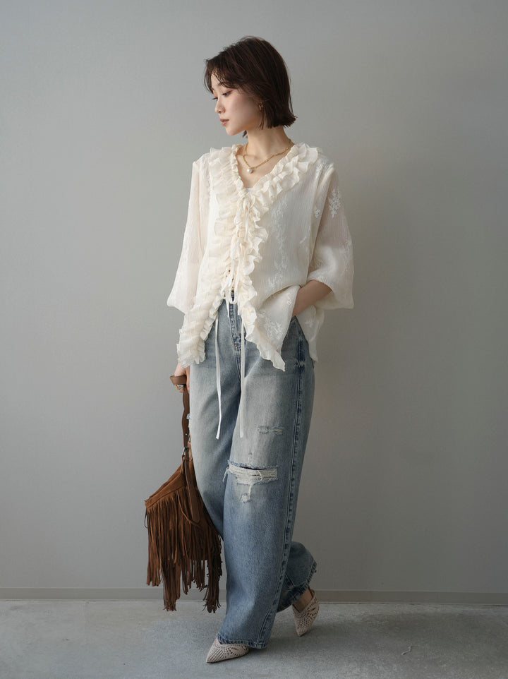 [予約]ダメージデニムセミワイドパンツ/lightblue