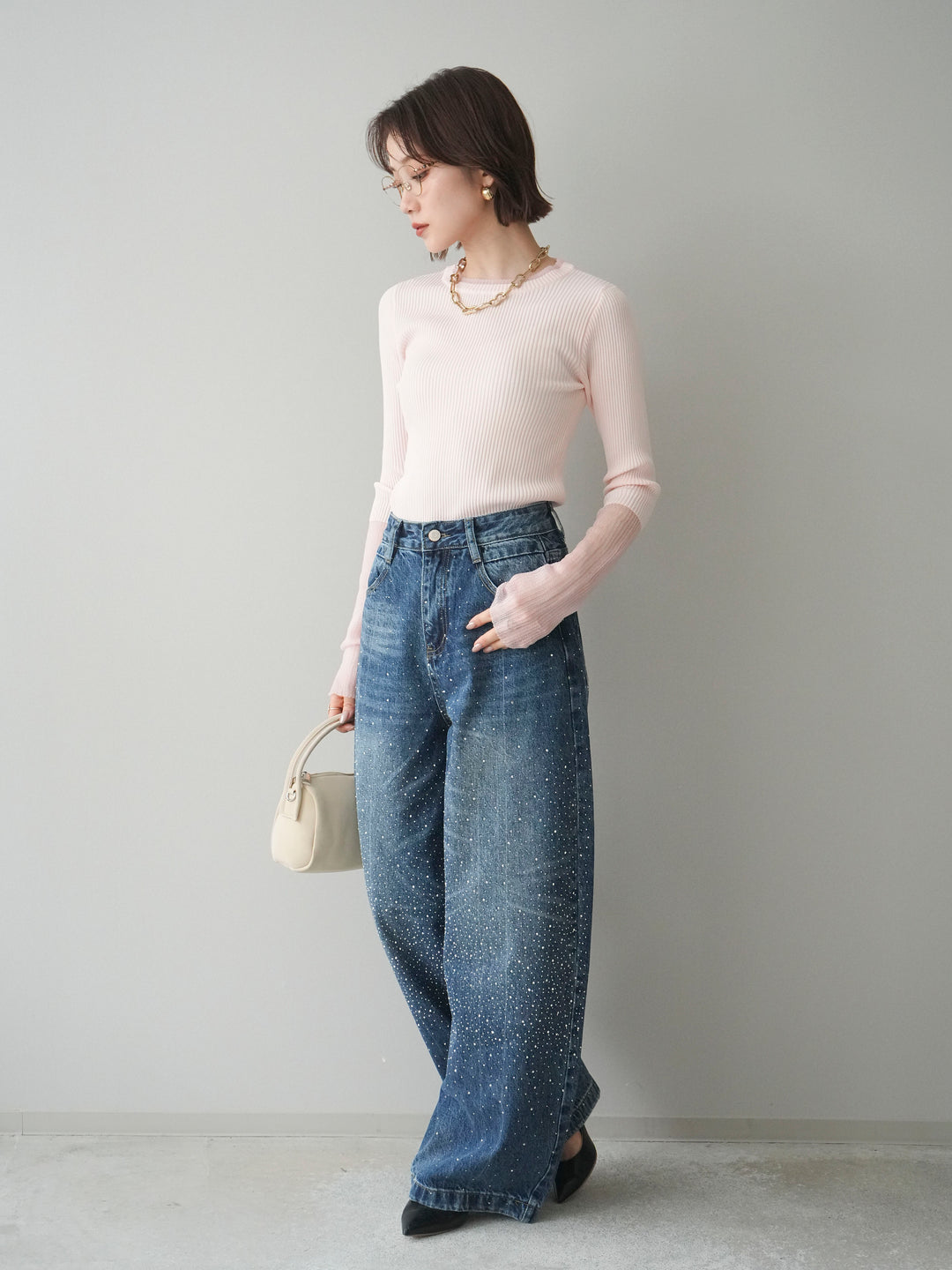[SET]リブラメシアー切替リブニットトップス+ラインストーンカーブデニムパンツ(2set)